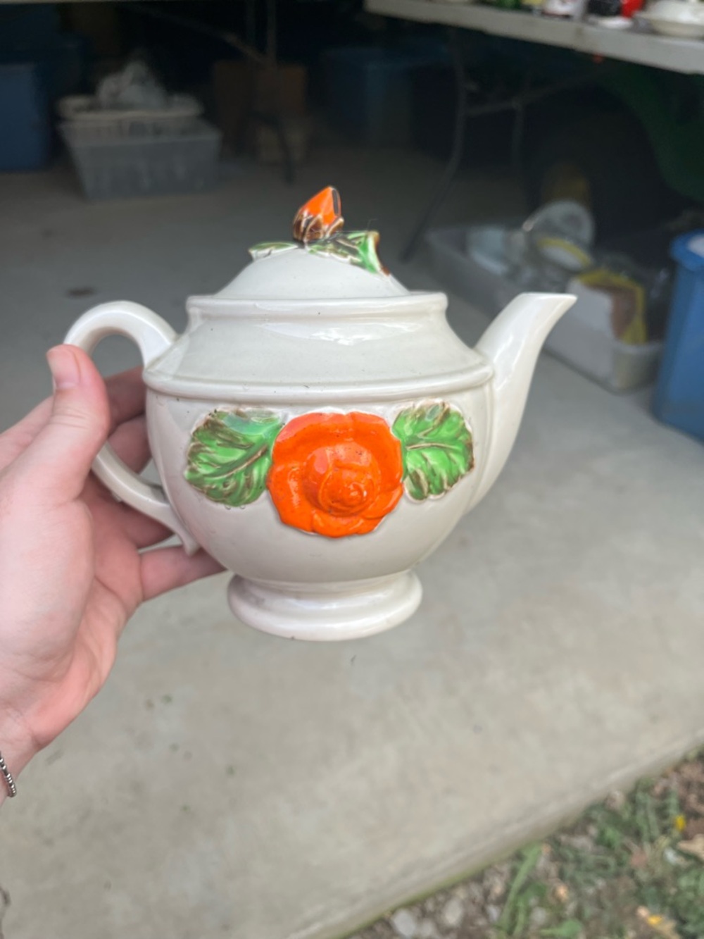 Decorative White Ceramic Teapot with Orange Rose Accent by